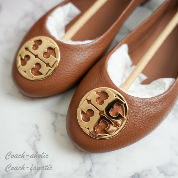 NIB Tory Burch Signature Logo Classic Chelsea Ballet Flat in Royal Tan/Gold - Picture 5 of 9